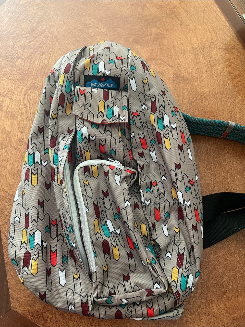 Kavu Taupe Arrow-Print Sling with Red, Yellow & Teal Accents
